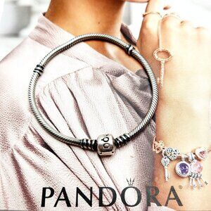 Pandora Moments Barrel Clasp 925 Sterling Silver Snake Chain Charm Bracelet 7"